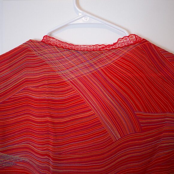 Sheer Red Swirl Silk Blouse Richard Malcolm Bell Sleeve V Neck L | True Spring - Picture 2 of 9